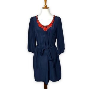 Shoshanna Beaded Mini Shift Dress Navy Blue 100% Silk Belted Tunic Size 6